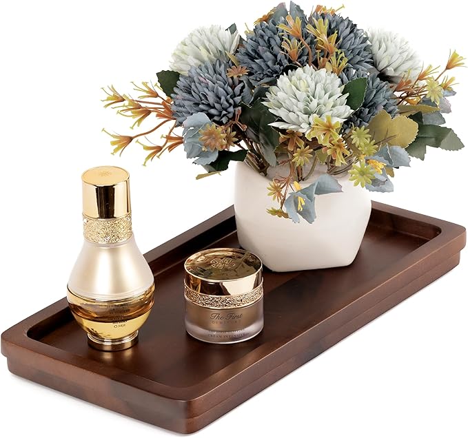 Demigo Bathroom Vanity Tray, Dark Brown Acacia Wood Tray, 11.8 x 5.9 in | Wooden Countertop Organizer for Cosmetics Jewelry Candle & Keys, Decorative Tray for Toilet Tank, Kitchen & Sink Decor