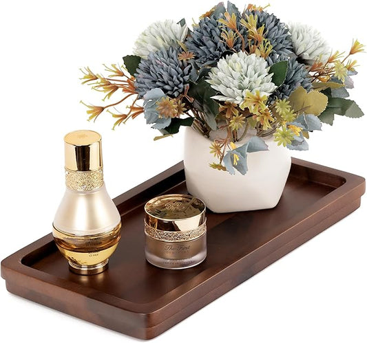 Demigo Bathroom Vanity Tray, Dark Brown Acacia Wood Tray, 11.8 x 5.9 in | Wooden Countertop Organizer for Cosmetics Jewelry Candle & Keys, Decorative Tray for Toilet Tank, Kitchen & Sink Decor