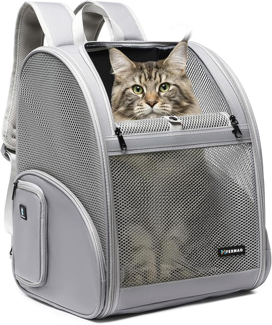 Pet Backpack Carrier ，Large Cat Carrier Backpack Up to 20 Lbs with Breathable Mesh, for Medium Large Cats or Small Dogs, Travel Hiking Camping Backpack (Gray-XL)