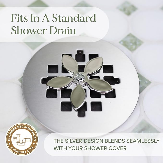 Shower Drain Hair Catcher – Disposable Bathroom Hair Trap, Easy to Install in Shower Drain Cover, Helps Prevent Clogs – As Seen on Shark Tank - Silver Flower (12-Pack)