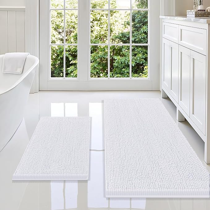 Smiry Chenille Bathroom Rugs Sets 2 Piece (47x20+24x16, White) | Soft Absorbent Machine Washable Non Slip Shaggy Bath Rug Set for Tub, Shower, and Floor, Home Decor