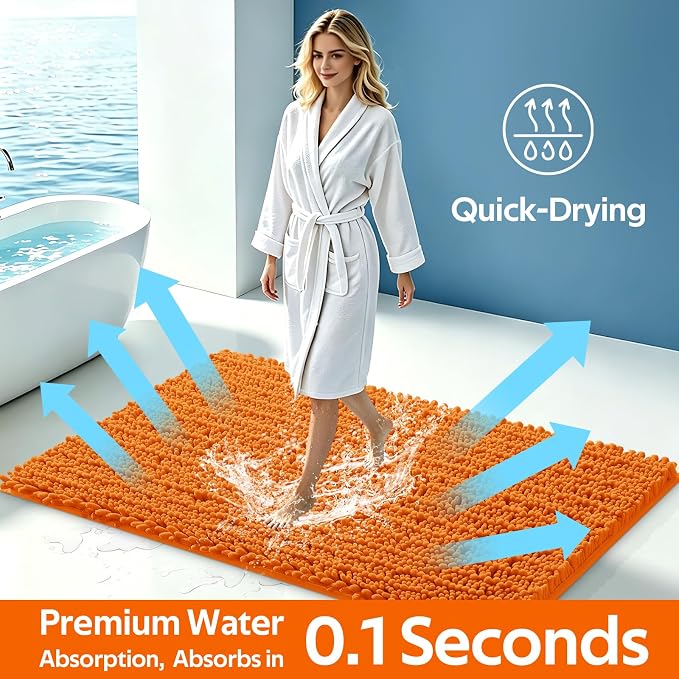ACCUMTEK Upgrade Extra Large Orange Bathroom Rug Set 3 Pieces Ultra Soft, Thick Absorbent Bath Mats, Non Slip Chenille Toilet Mat for Bathroom, Bedroom, Kitchen