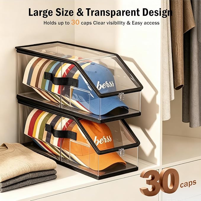Foldable Clear Baseball Cap Storage Organizer – Stackable Transparent Hat Display Case with Zipper Closure 2PCS– Space-Saving Protective Unit for Baseball Caps & Accessories Black Trim