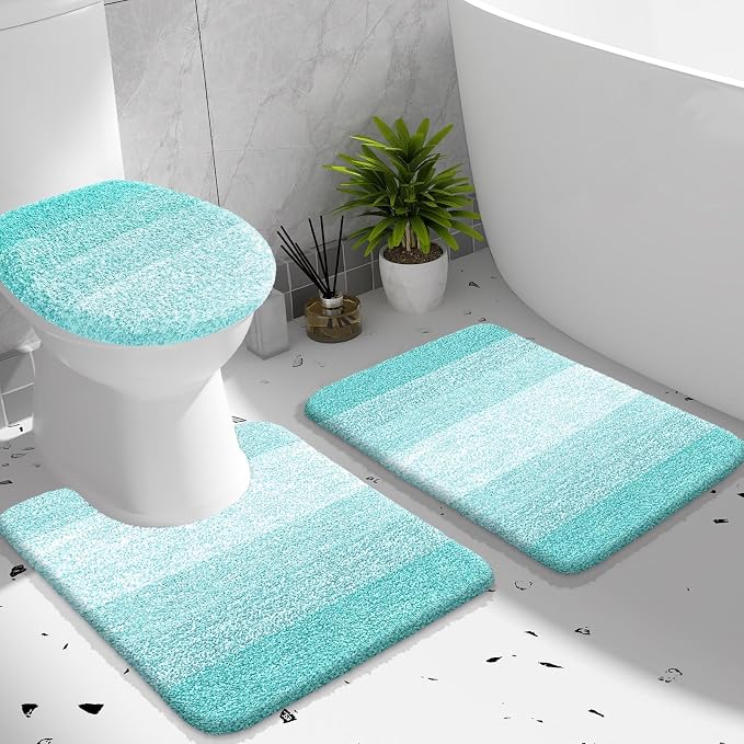 OLANLY Bathroom Rugs Sets 3 piece, Soft Microfiber Absorbent Bath Mat, U-Shaped Contour Toilet Mat and Toilet Lid Cover, Quick Dry, Machine Washable, Toilet Cover and Rug Set for Bathroom, Teal