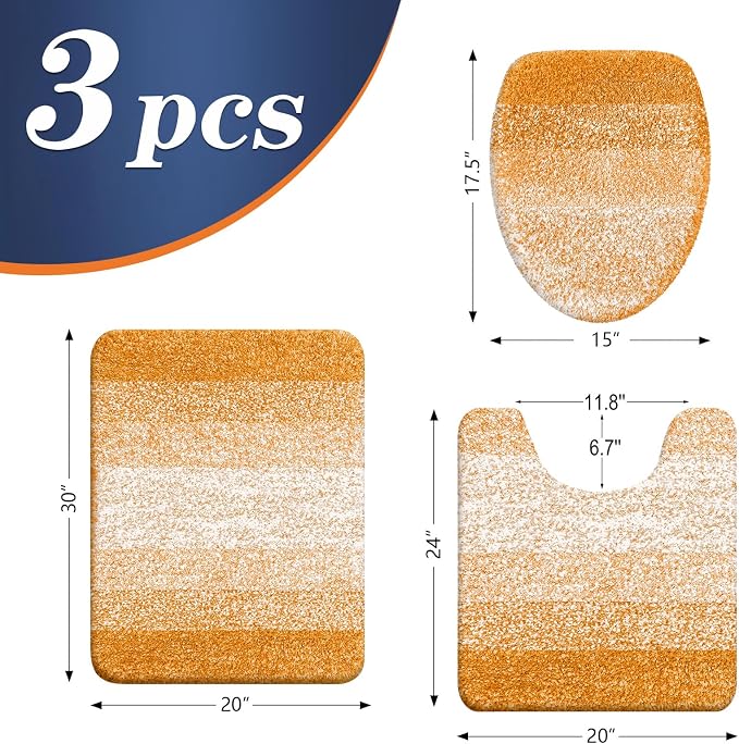 OLANLY Bathroom Rugs Sets 3 piece, Soft Microfiber Absorbent Bath Mat, U-Shaped Contour Toilet Mat and Toilet Lid Cover, Quick Dry, Machine Washable, Toilet Cover and Rug Set for Floor, Golden Yellow