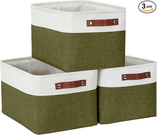 DECOMOMO Storage Bins, Large Fabric Storage Baskets for Shelves, Decorative Linen Closet Organizer, 15 x 11 x 9.5 inches (Olive Green & White, 3 Pack)