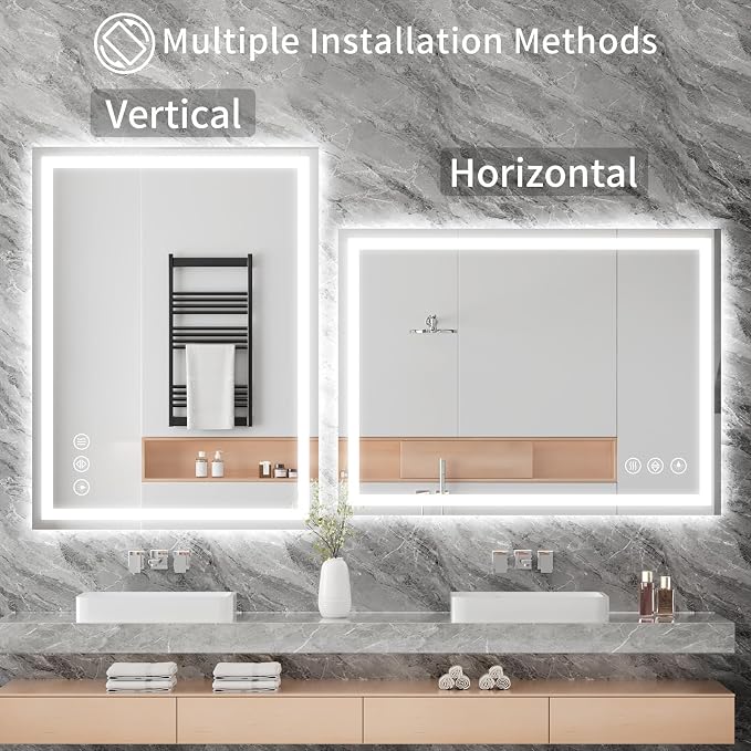 Koonmi 28x20 LED Bathroom Mirror with Light, Anti-Fog, 3 Colors | Backlit + Front Lit, Dimmable Brightness, Shatterproof HD Distortion-Free Tempered Glass, Hardware Included
