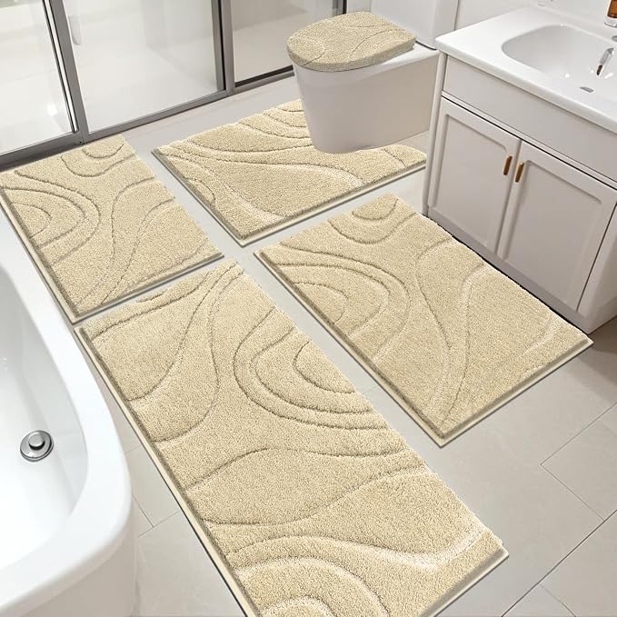 HEBE Bathroom Rugs Sets 5 Piece, Non Slip Washable Absorbent Bath Mat Set | Super Soft Plush Microfiber Bathroom Mats with Runner Set, Solid Bathmat with U-Shaped Toilet Rug Cover Set for Tub, Shower