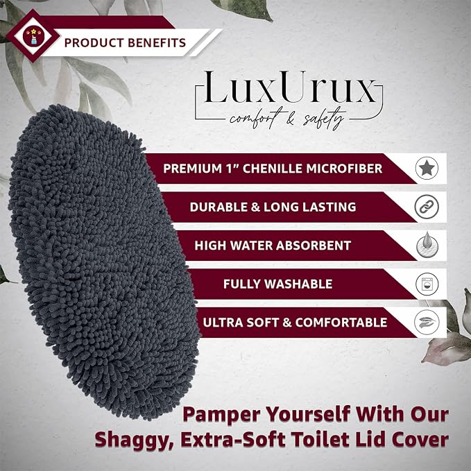 LuxUrux Toilet Lid Cover with Stretch Fit Elastic Band – Chenille Microfiber Toilet Seat Non-Slip Cover for Bathroom – Soft Plush, Machine Wash And Dry, Comfort & Clean Look (18 x 21'', Charcoal)