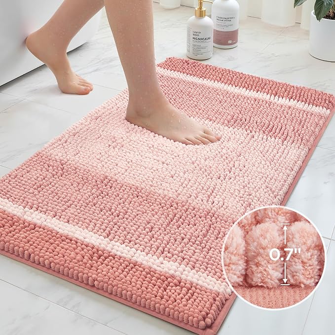 HOMEIDEAS Pink Bathroom Rugs Set of 2, Striped Chenille, 20"x32"+17"x24" | Non Slip Absorbent Bath Mats, Fluffy Striped Chenille Soft Shaggy Bath Rugs for Bathroom Floor and Tub, Machine Washable