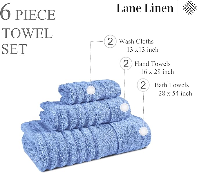 LANE LINEN Towel Set Soft Absorbent Quick Dry 100% Cotton 6 Piece - Allure | Cotton Bath Towels - Lightweight & Breathable, Fade-Resistant Color, Classic Terry Weave, Densely Woven, Coordinated Colors