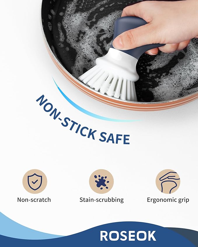 ROSEOK Dish Scrub Brush, Palm Brush, Kitchen Brush, Nylon Bristles | Self-Standing Dish Scrubber with Ergonomic Grip for Cleaning Dishes, Non-Stick Pans and Sinks, Navy Blue, 2 Pack
