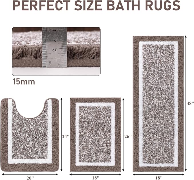 Pauwer Bathroom Rugs 3 Piece Set, Non Slip Washable Bath Mat, Coffee | Soft Plush Microfiber, Super Absorbent Floor Carpet, U Shaped Toilet Mats, Quick Dry, Shaggy Shower Rugs Runners