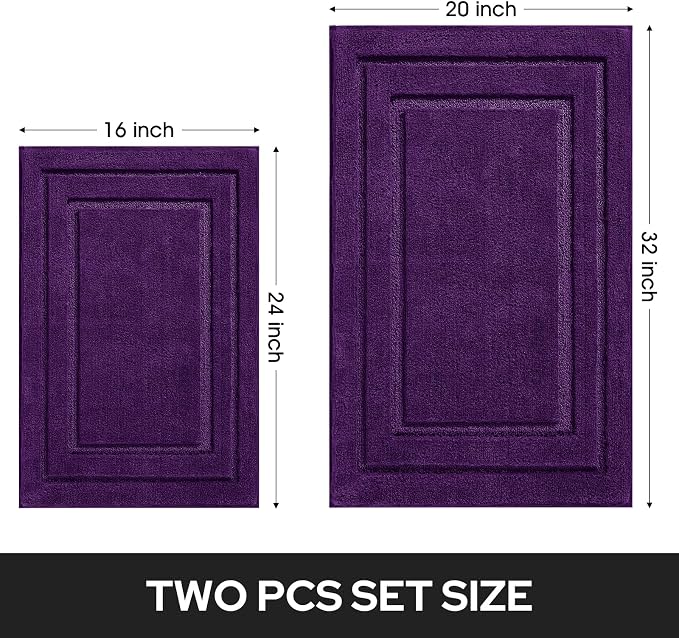 HOMEIDEAS Bathroom Rugs Sets 2 Piece, Super Soft Non Slip Bath Mat Purple | Ultra Absorbent, Microfiber Machine Washable Bath Rug Set, for Bathroom, Tub, Shower 20" x 32" + 16" x 24"