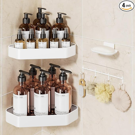 Veken Aluminum Corner Shower Caddy 4-Pack, Never Rust, No Drilling Adhesive Shelves, Stainless Rack with Soap Holder, Bathroom Organizers and Storage, Wall-Mounted Kitchen & Home Decor, White