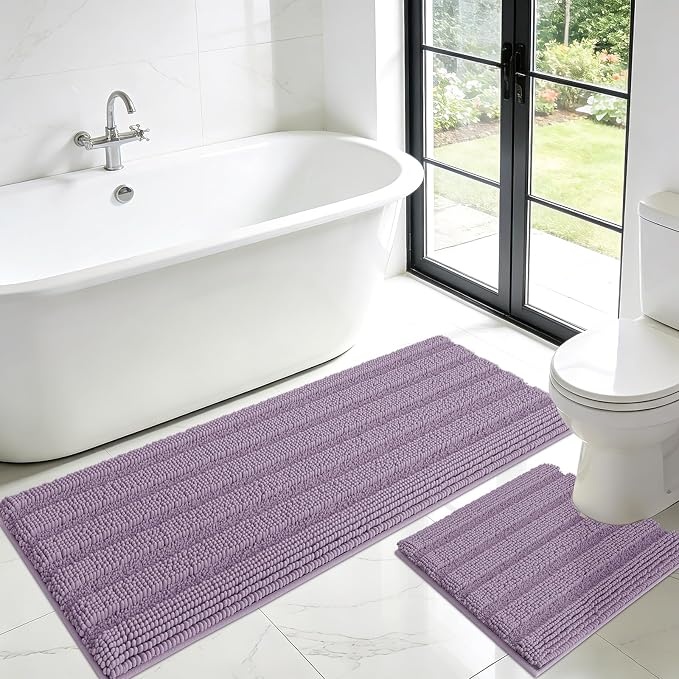 ACCUMTEK Striped Lavender Toilet Bathroom Rug Mat Set 2 piece Rug Ultra Soft, Non Slip Chenille Bath Rugs, Absorbent Plush Shaggy Bath Mats for Bathroom, Bedroom, Kitchen, Shower, Tub