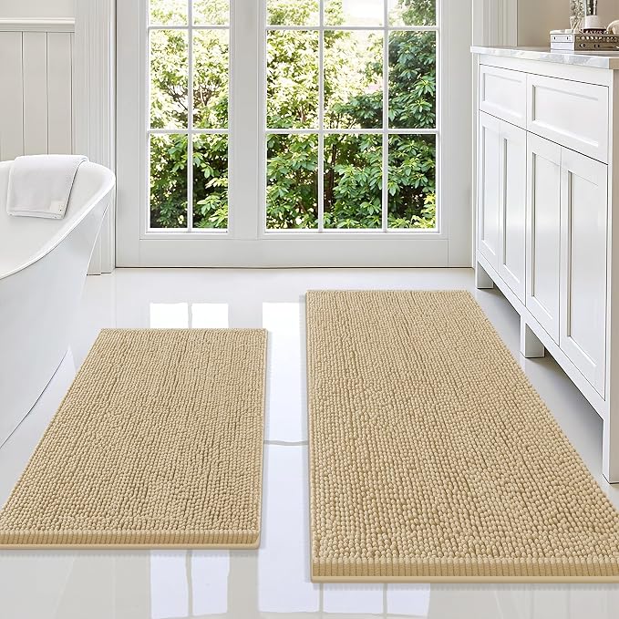 Smiry Chenille Bathroom Rugs Sets 2 Piece (47x20+30x20, Beige) | Soft Absorbent Machine Washable Non Slip Shaggy Bath Rug Set for Tub, Shower, and Floor, Home Decor