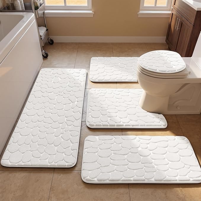 YIHOUSE Bathroom Rugs Mat Set, Memory Foam Bath Mat 5 Piece White | Non Slip, Water Absorbent, Washable, Bath Mat For Bathroom, Sink and Toilet