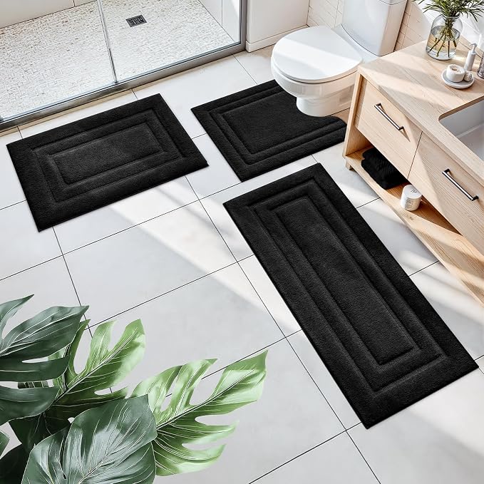 HOMEIDEAS Black Bathroom Rugs Set of 3, Non Slip Bath Runners | Super Absorbent, Plush Microfiber, Machine Washable, Stain Resistant, Easy Care, Perfect for Modern Bathroom Decor
