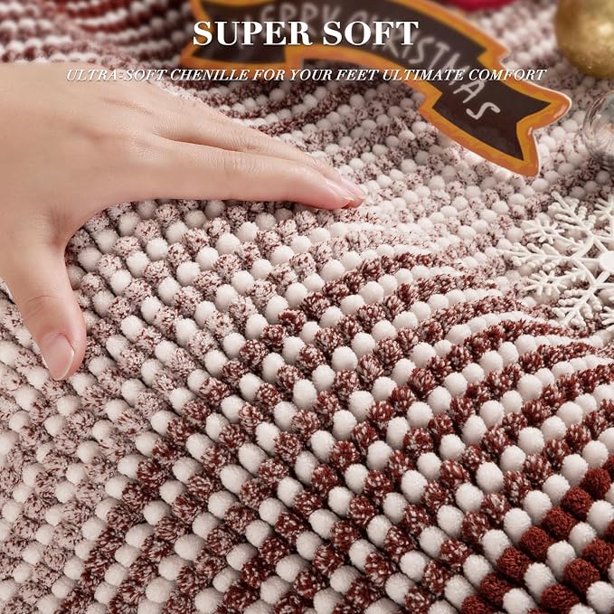 Bathroom Rugs Sets 2 Piece, Non Slip Striped Bath Mat, Burgundy Red | 20"x47" Plus 16"x24", Soft Absorbent Chenille, Quick Dry Machine Washable, Shower Rug for Bathroom Floor, Tub, Bedroom Decor