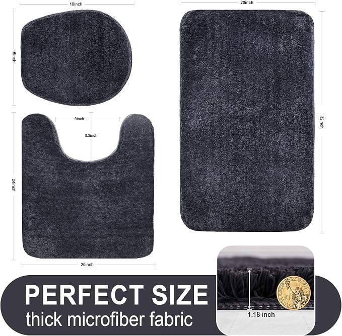 Bathroom Rugs Sets 3 Piece with Toilet Seat Cover 17.5"x 15" | Machine Washable Bath Rug Set with Tpr Non Slip Rubber Backing Solid Bath Mat Set for Luxury Bathroom Decoration