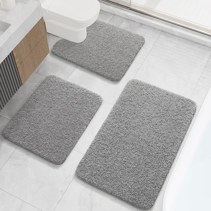 LOCHAS Bathroom Rugs Sets 3 Piece, Microfiber Bath Mat Set Non Slip, Grey | Washable Absorbent Toilet Rug, Shaggy Soft Cozy Quick Dry
