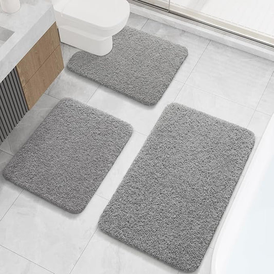 LOCHAS Bathroom Rugs Sets 3 Piece, Microfiber Bath Mat Set Non Slip, Grey | Washable Absorbent Toilet Rug, Shaggy Soft Cozy Quick Dry