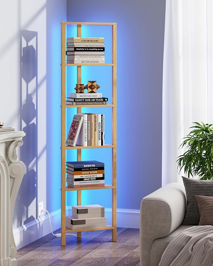 TUTOTAK Corner Shelf with LED Light, 6-Tier Corner Bookshelf for Small Space, Narrow Display Corner Shelf Stand with Storage Rack, for Living Room, Bedroom, Natural BS05BN006L