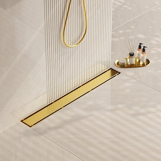 Neodrain 32-Inch Gold Linear Shower Drain, 2-in-1 Flat & Tile Insert Cover, Stainless Steel Linear Drain, Brushed Brass Rectangle Shower Floor Drain with Hair Strainer, CUPC Certified