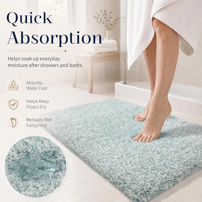 Yimobra Bath Rugs for Bathroom 32X20, Ultra Soft and Water Absorbent Bath Mats, Non Slip Plush Shower Mat, Microfiber Thick Matts for Bathroom Floor/Tub, Machine Washable, Sky Light Blue and White