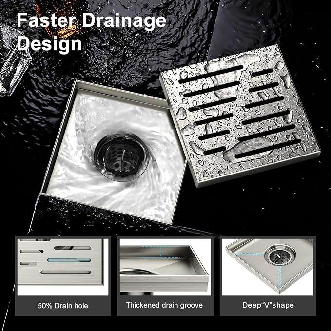 6 Inch Square Shower Drain, EMBATHER 304 Stainless Shower Floor Drain and Shower Drain Cover Included Hair Catcher and Leveling Feet, Brushed Nickel