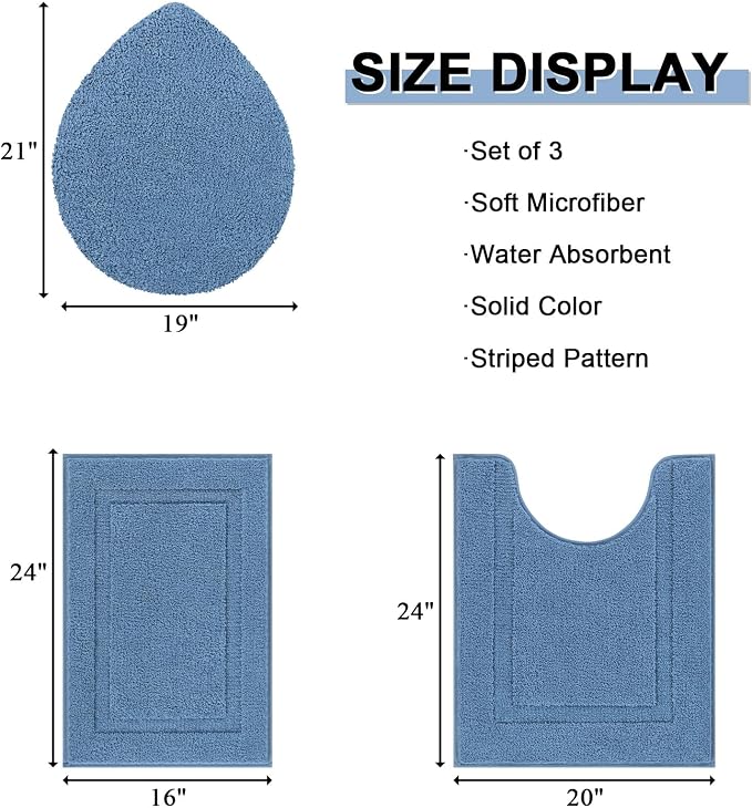 SHACOS Microfiber Small Bathroom Rugs Set of 3 Piece with Toilet Lid Cover | Non Slip Super Soft Absorbent 16"x24" Bath Mat U Shape Contour Mat Bathroom Carpet Machine Washable(Blue)