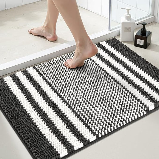 Bathroom Rugs, 20x32 Chenille Bath Mats, Dark Grey | Extra Soft Absorbent, Non Slip Striped, Quick Dry Machine Washable, Modern, Shower Rug for Bathroom Bedroom Decor