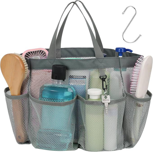 F-color Mesh Shower Caddy Portable, Upgrade Deeper 7 Pockets Shower Bag Basket Tote for College Dorm Room Toiletry Bathroom Essentials Gym Camp Quick Dry 2 handles with S Hook, Grey