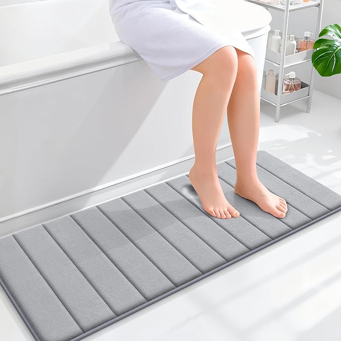 OLANLY Memory Foam Long Bathroom Rugs Runner 47x17, Super Soft Absorbent | Grey, Quick Dry Bath Mat, Machine Washable Shower Floor Rugs, Bathmat Carpet for Bathroom Floor, Tub and Shower