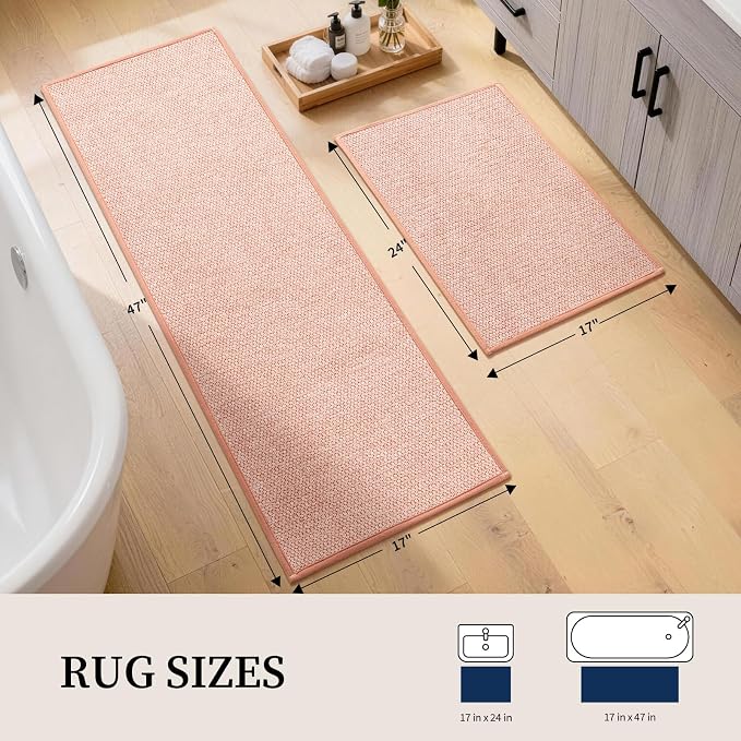 Pink Bathroom Rugs Sets 2 Piece, Quick Dry Thin Bath Mat, Non Slip Absorbent Machine Washable, Bath Runner Rug for Bathtub Sink Home Decor (17"x24" + 17"x47")