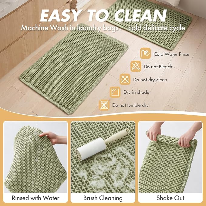 MIULEE Set of 2 Waffle Bathroom Rugs Boho Bath Mat Sage Green 20x32 Inch | Non Slip, Super Absorbent, Washable, Ultra Soft, Rubber Backed Bath Rugs for Bathroom Floor Tub Shower