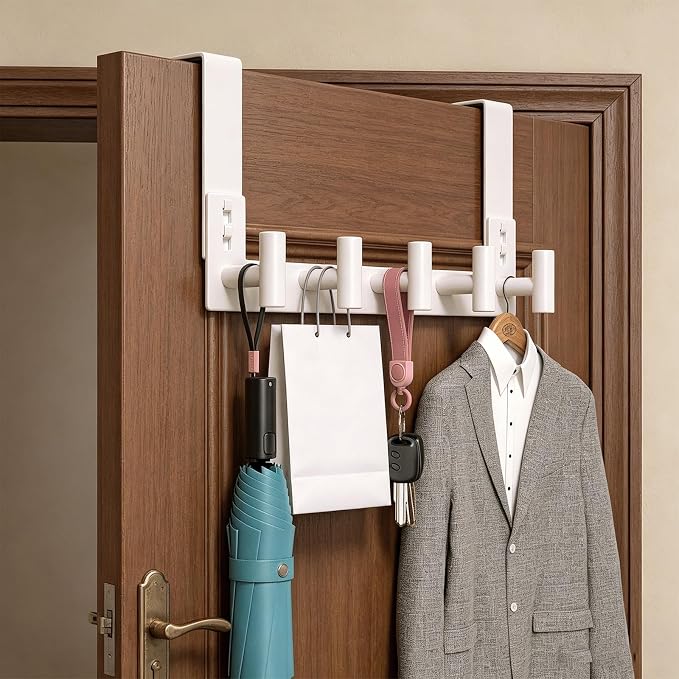 PMMASTO Over The Door Hooks, Fits 1-3/4" Thick Door No Drill Hooks for Closet Bathroom Bedroom Organization, Hanger for Coat Towel Robe (White, 5 T-Hooks)