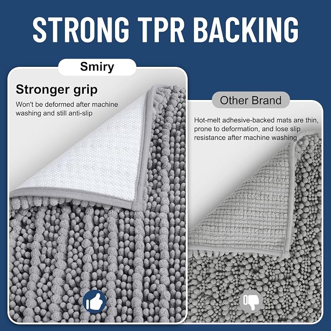 Smiry Bathroom Rugs Sets 2 Piece (30x20+24x16), Extra Soft Bath Mats | Grey Soft Absorbent, Rubber Backing Machine Washable Quick Dry Chenille Bath Rug Set for Tub, Shower, and Floor