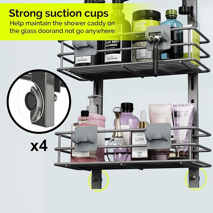 Orimade Over The Door Shower Caddy Adjustable 5 Tier Dark Grey,Bathroom Hanging Organizer Shelf Rustproof with 4 Hooks,Shower Basket with Soap Holder and Suction Cup