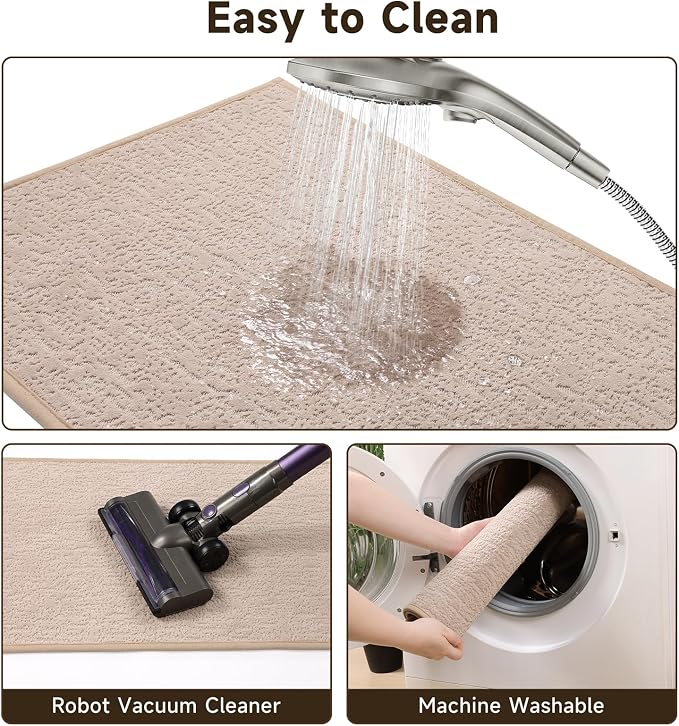Pauwer Bathroom Rugs Sets 3 Piece, Ultra Thin Bath Mat Set, Beige | Non Slip Washable, Quick Dry, Super Absorbent, U-shaped Contour Toilet Rug, Low Pile, For Floor Sink Shower Room