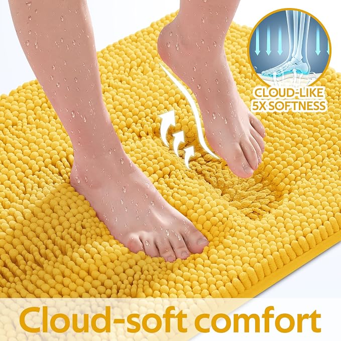 ACCUMTEK Striped Yellow Bathroom Rug Set 3 Pieces Ultra Soft, Non Slip Chenille Toilet Mat, Absorbent Plush Shaggy Bath Mats for Bathroom, Bedroom, Kitchen