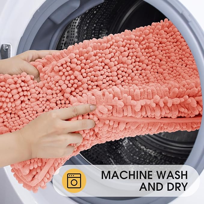 ACCUMTEK Upgrade Luxury Coral Bathroom Rug Mat 48"x17", Ultra Soft Thick Absorbent Bath Mats, Non Slip Chenille Toilet Mat for Bathroom, Bedroom, Kitchen, Shower, Tub