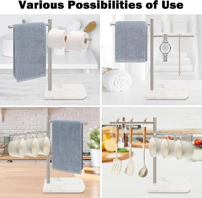 Standing Hand Towel Holder, Hand Towel Stand with Marble Base, 304 Stainless Steel Towel Rack with 2 Swivel Arm, Countertop Stand Towel Ring Towel Bar for Bathroom (Brushed Nickel)