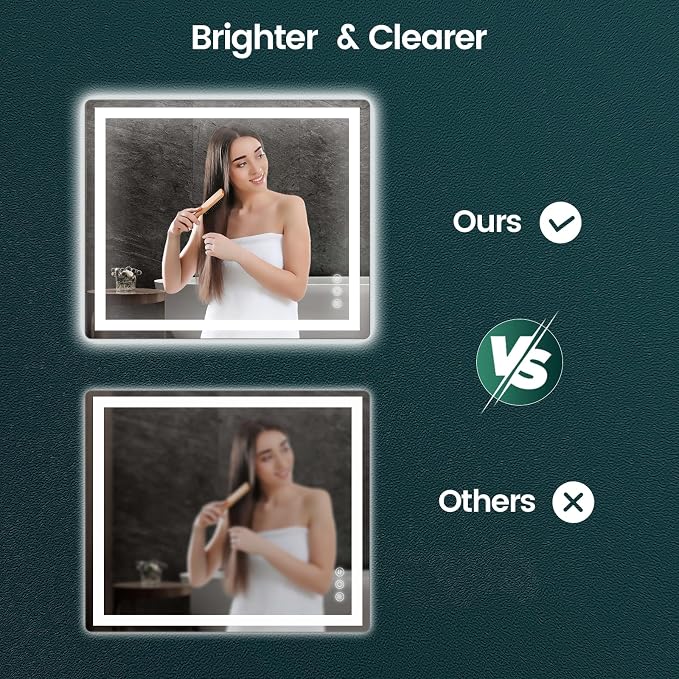 Memobarco 30" x 36" LED Bathroom Mirror with Lights, Memory Vanity Mirror | Anti-Fog, 3 Color Modes, Dimmable, Front Lit, Memory Function, Tempered Glass, Lighted Bathroom Mirror for Wall