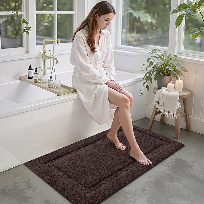 LUMI Large Bathroom Rugs Soft Absorbent, Non Slip Bath Mat 24x43, Brown | Machine Washable with Rubber Backing, Quick Dry, Premium Microfiber Plush Carpet for Bathtub and Shower Floor