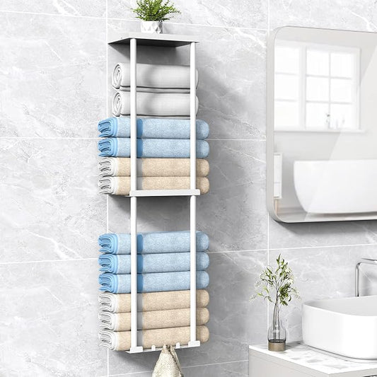 Liuoud Towel Rack for Bathroom, Wall Mounted Vertical Rolled Towel Storage Organizer Holder with Shelf, Holds Up 6 Large Bath Sheets, White