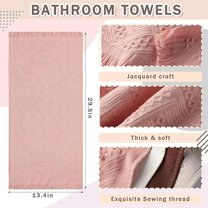 HunnmingRe 4 Pack Boho Hand Towel for Kitchen,Beige, Gray, Curry, Pink | 14x30 Inch, 100% Turkish Cotton, Summer Boho Decorative ,Towel Waffle ,Farmhouse Decor ,Absorbent Soft ,Guest Gift