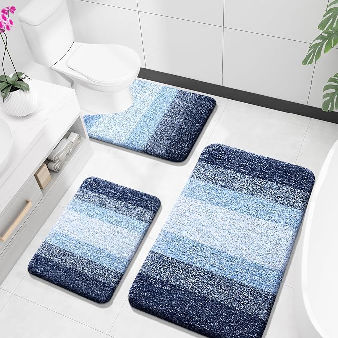 OLANLY Microfiber Bathroom Rugs Sets 3 Piece, 36"x24"+24"x16"+24"x20" | Navy, Soft Absorbent Bath Mats and U-Shaped Contour Toilet Rug, Plush Shaggy Bath Mat Set for Bathroom