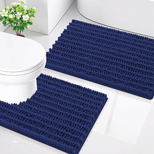 Smiry Bathroom Rugs Sets 2 Piece (30x20+24x20), Extra Soft Bath Mats | Navy Blue Soft Absorbent, Rubber Backing Machine Washable Quick Dry Chenille Bath Rug Set for Tub, Shower, and Floor